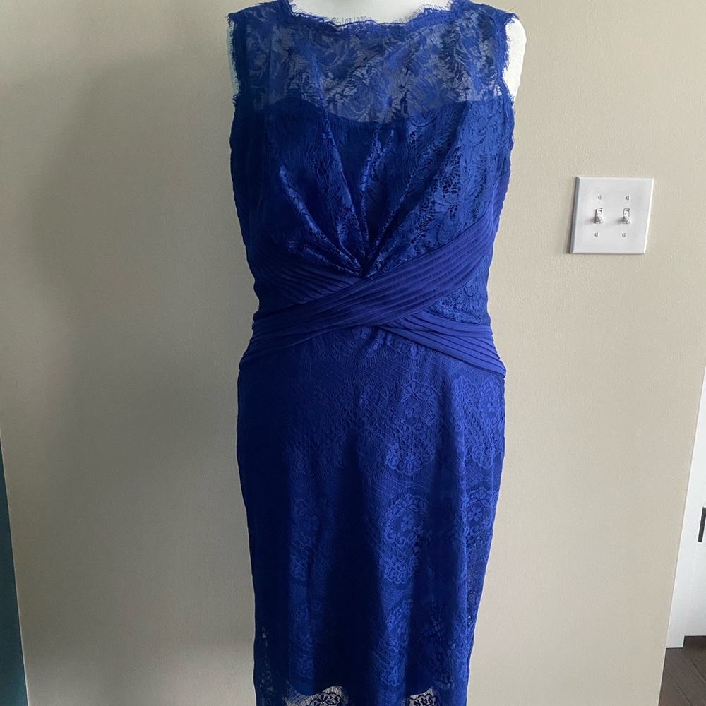 Tadashi Shoji Blue Ruched Sheath Midi Dress Sleeveless
